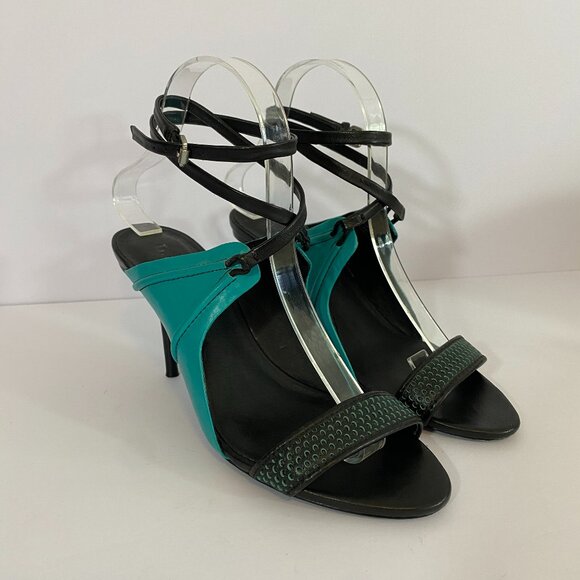 L.A.M.B. Bambi Pumps Teal Black Leather Heels 6.5 Ankle Strap - Picture 1 of 11